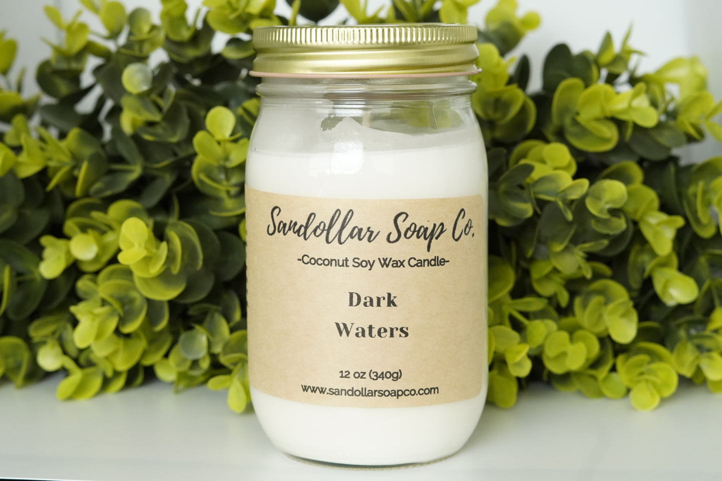 A 12 oz coconut soy wax candle in a mason jar that includes a gold lid. Made with a cotton wick and scented "Dark Waters."