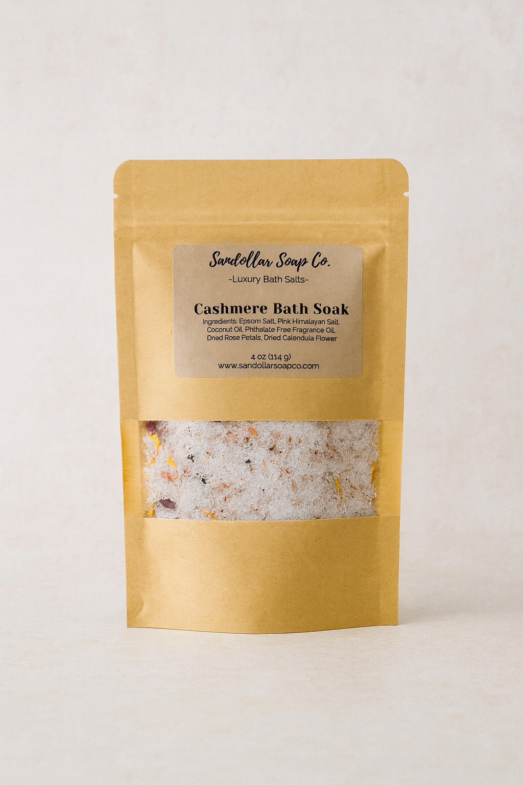 Kraft paper packaging of Cashmere Bath Soak on a light background