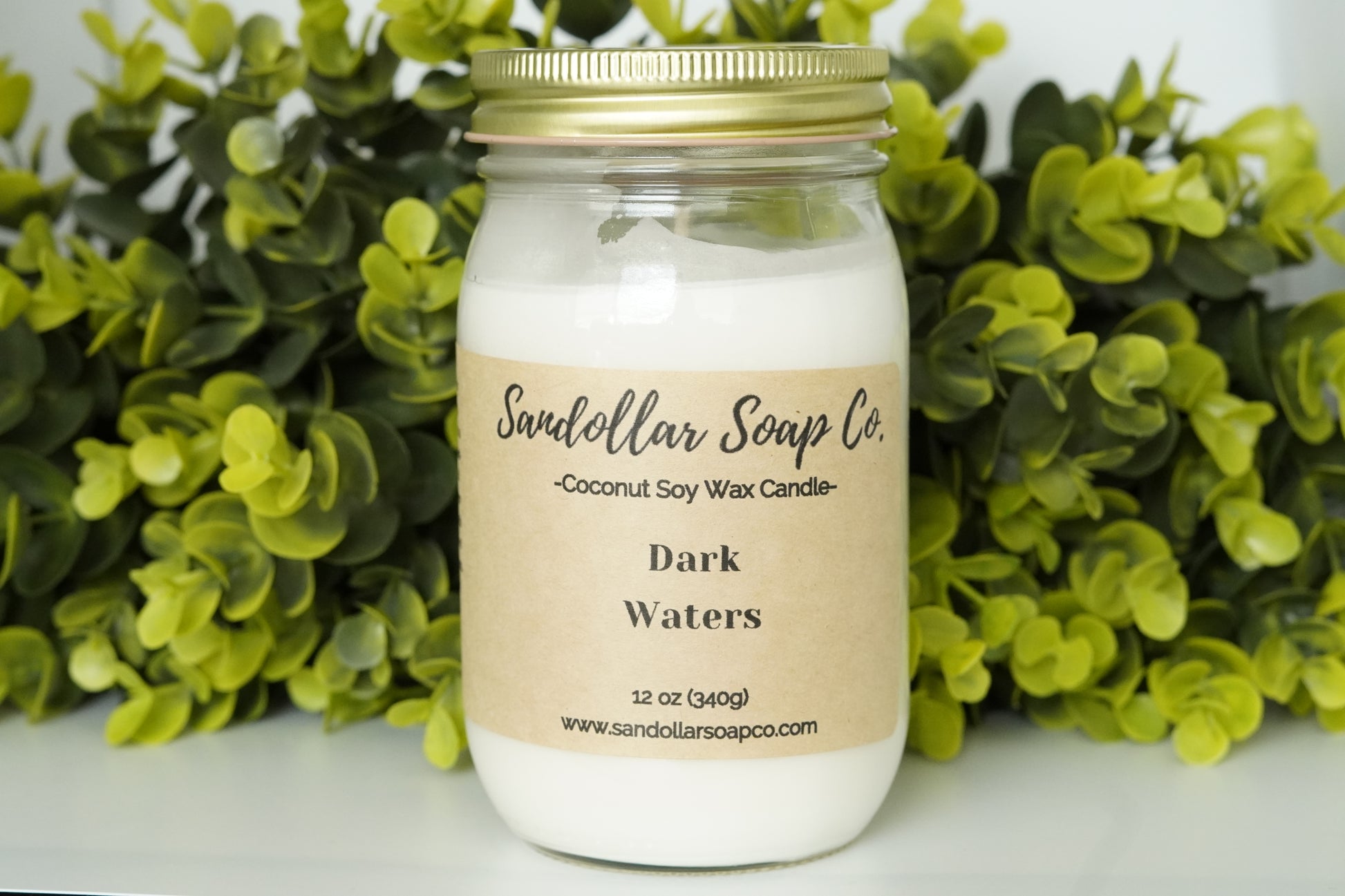 A 12 oz coconut soy wax candle in a mason jar that includes a gold lid. Made with a cotton wick and scented "Dark Waters." 