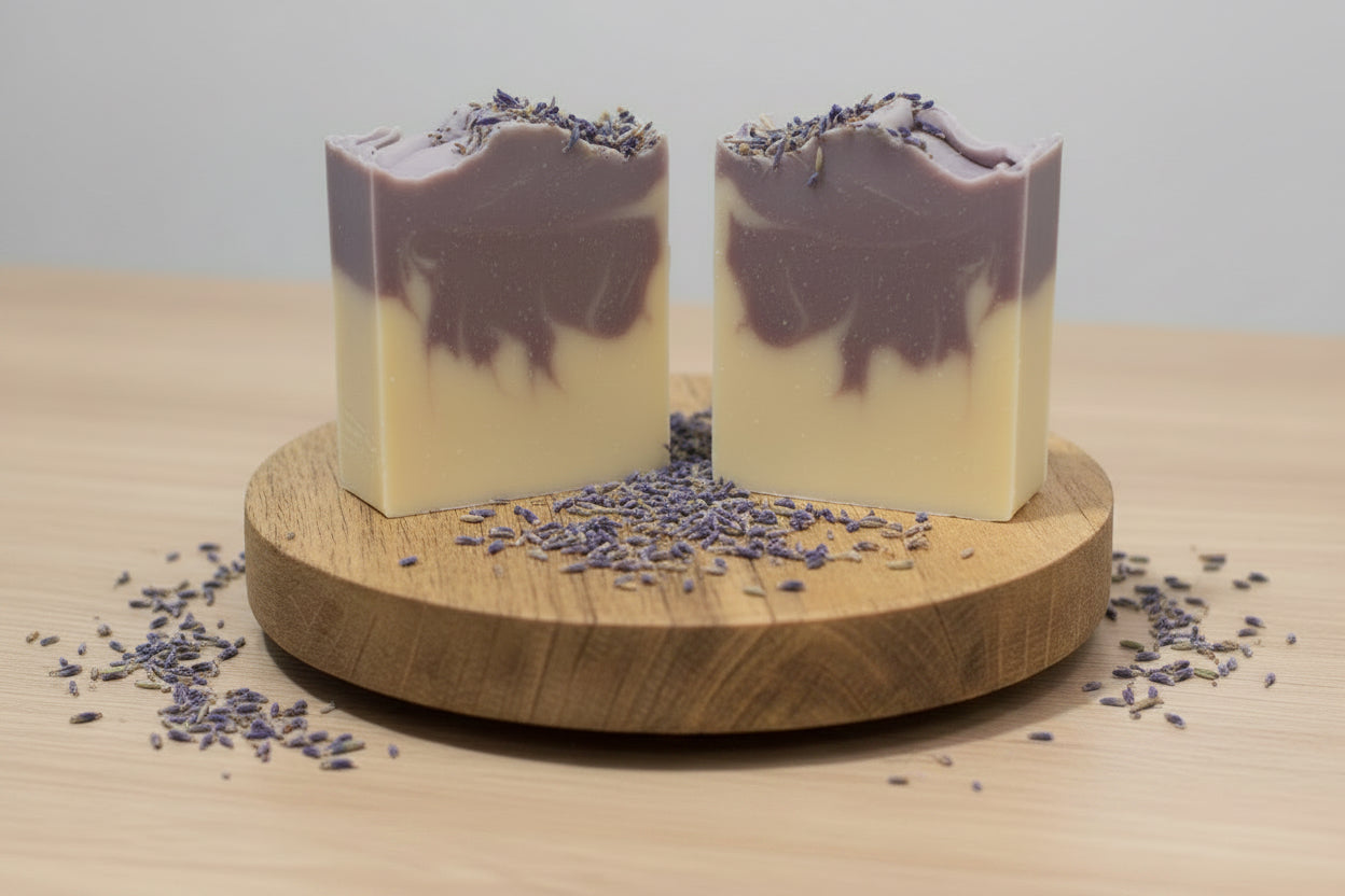 Two bars of lavender soap are being held up over a soap cutter 