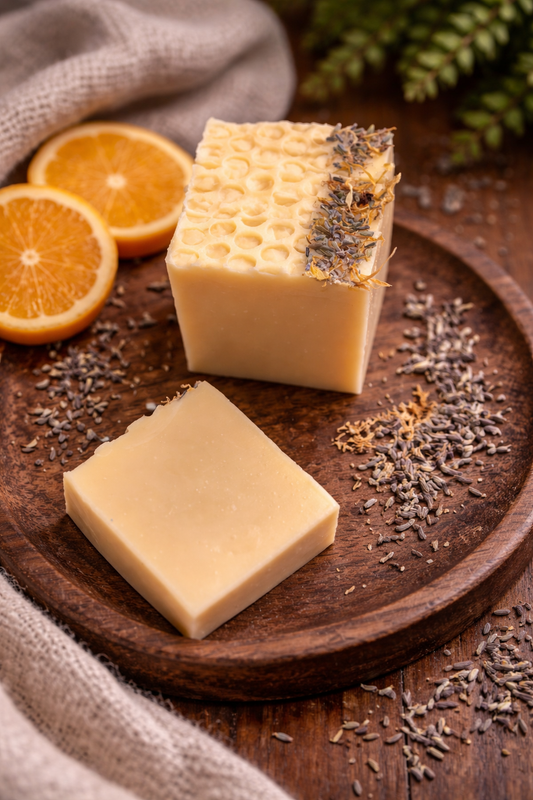 photo of soap on a wooden platform surrounded by oranges, greenery, dried Botanicals, and a blanket 