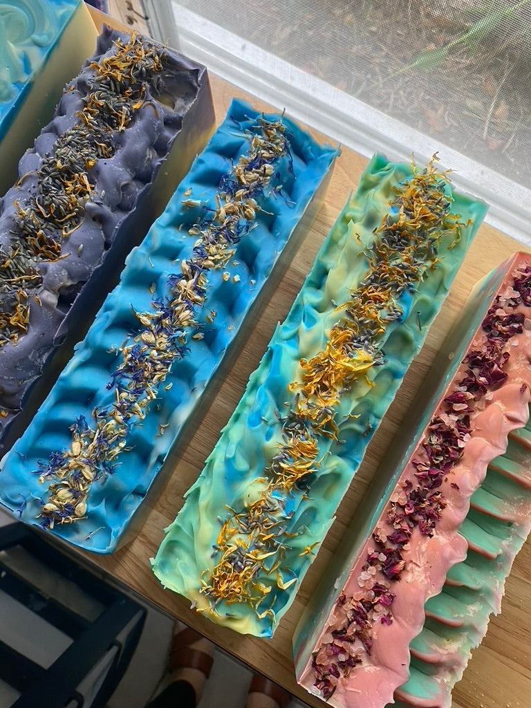 overhead shot of soap loaves that have been unmolded before they are cut