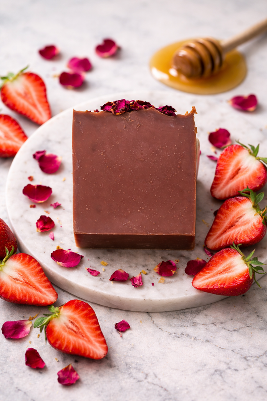 picture of a bar of soap surrounded by rose petals, strawberries, and a honey dipper